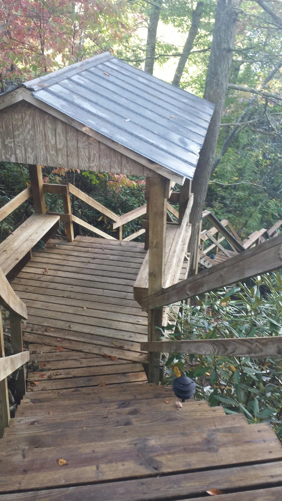 Metal roofed shelter over wooden steps on a wooded walkway — Skylight Repair & Installation work by our crew in Littlerock